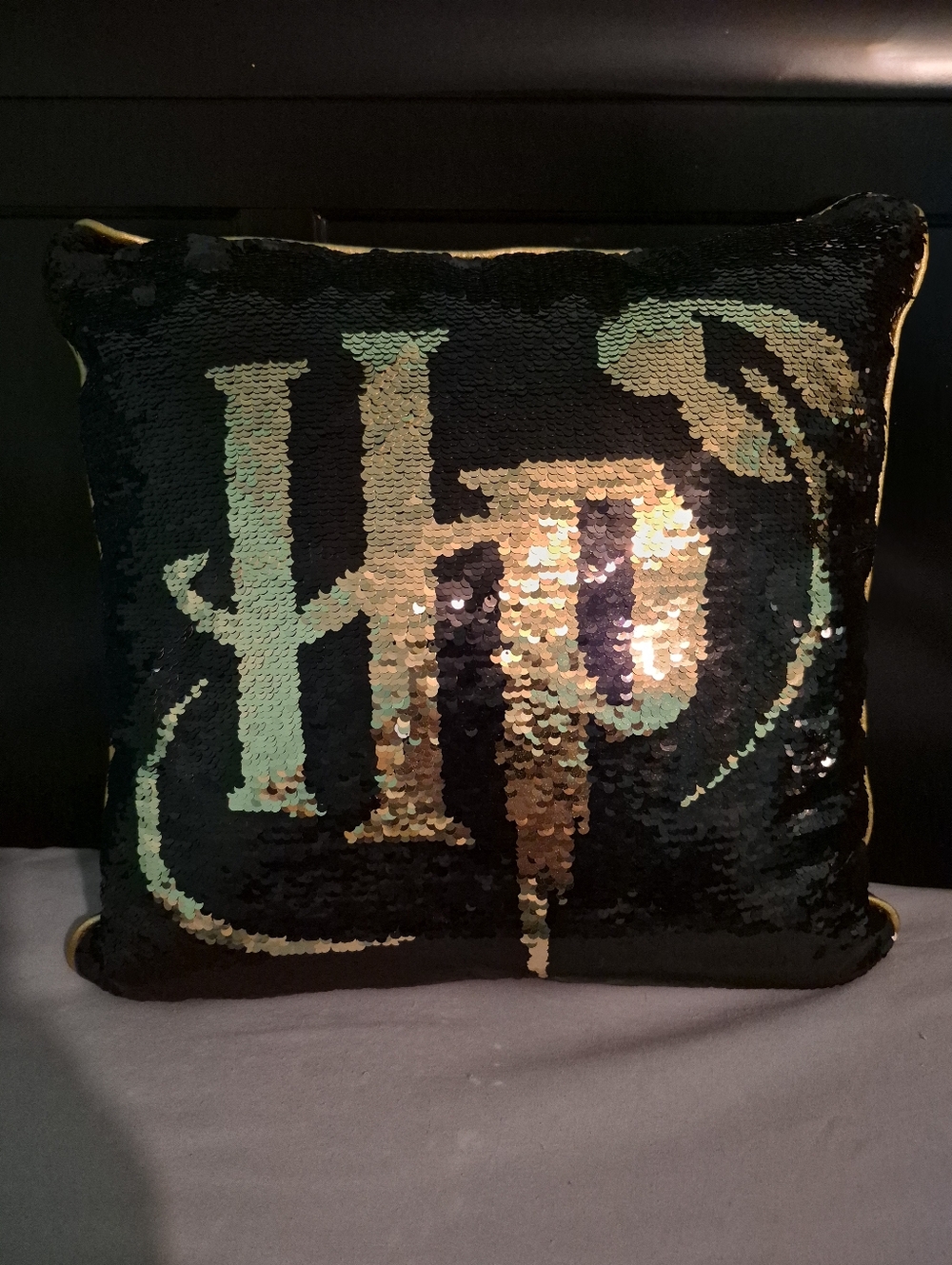 Harry Potter Design-Changing  Sequin Pillow Black/Gold/White w/Gold Piping